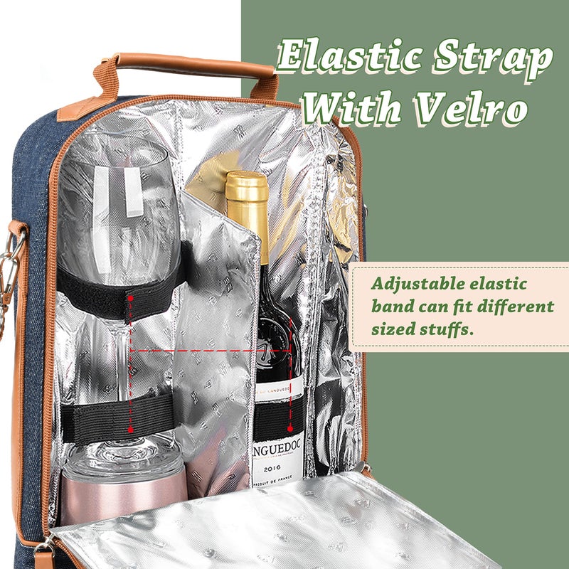 Tirrinia Insulated 2 Bottle Wine Gift Tote Bag - Tumbler Glass Cooler Carrier for BYOB Restaurants  Tasting  Travel  Park  Beach - Great Wine Lover Gift  Denim Stripe - Image 2